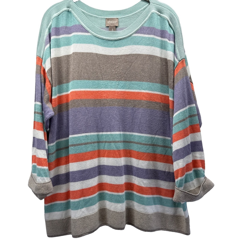 Chicos Women's Sweater Size XL Orange Teal Gray 3/4 Sleeves Knit Pullover Drop
